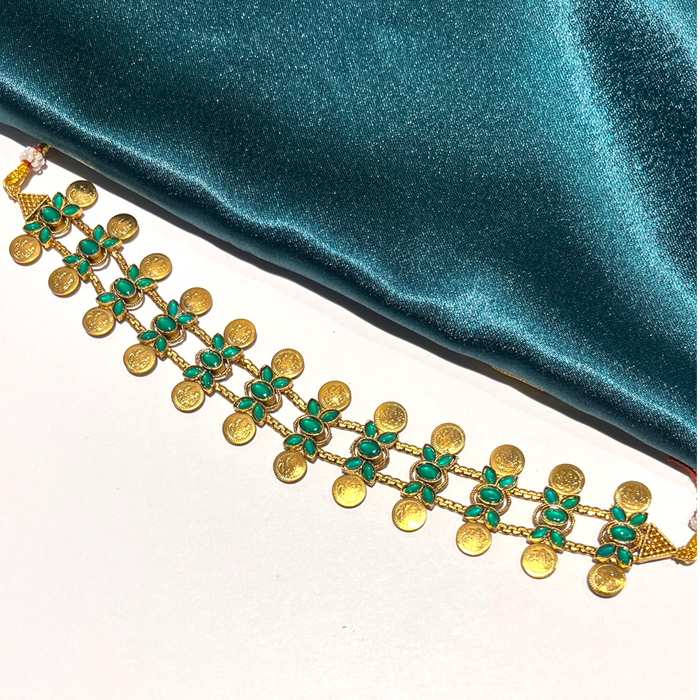 Lakshmi Coin Necklace with Floral design-Green