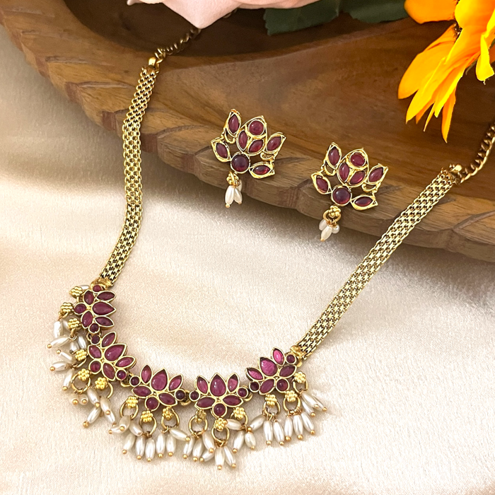 Lotus Necklace with Pearl Drops