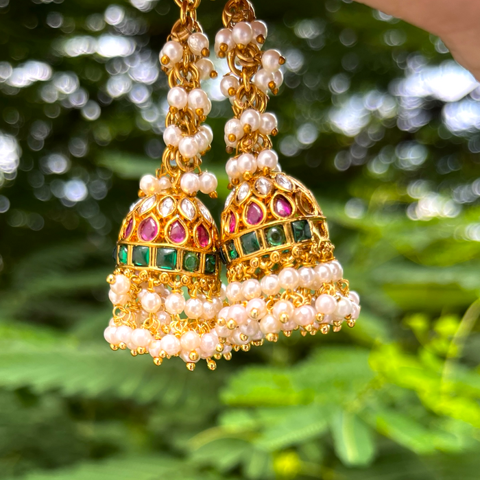 Red & Green Kundan Jhumka with Pearl drops