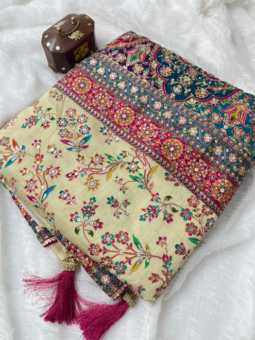 Aroopa Ivory Soft Silk Sequins Heritage Saree with readymade blouse