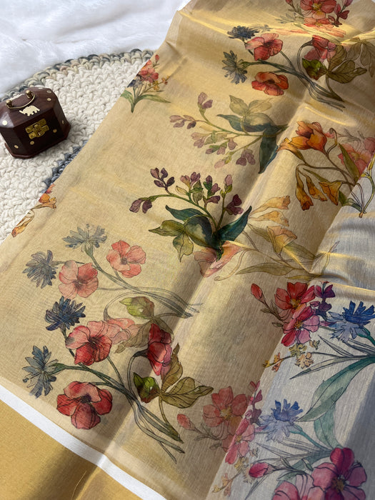 Elegant Beige Tissue Digital Patta Saree with Floral Border Design