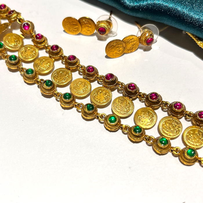Lakshmi Coin Necklace Set with Multicolour stone