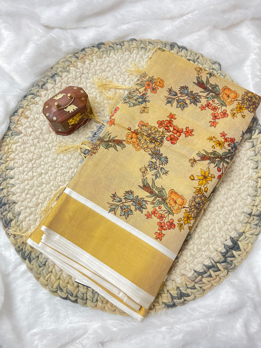 Elegant Beige Tissue Digital Patta Saree with Floral Border Design