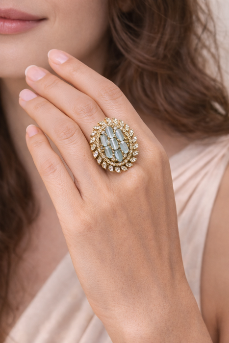 Aroopa Gold Matte Finish statement rings with colored crystals