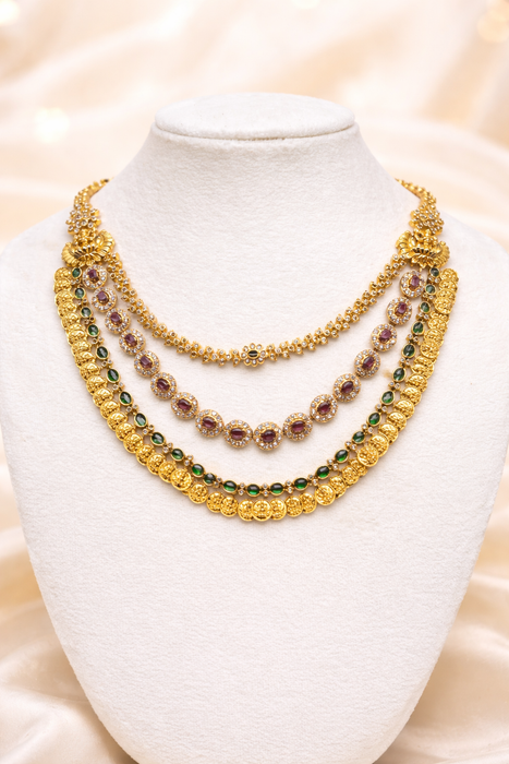Aroopa Temple Coin Layered Necklace Set with Ruby & Emerald Stones