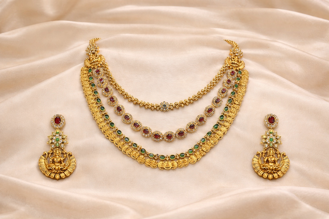 Aroopa Temple Coin Layered Necklace Set with Ruby & Emerald Stones