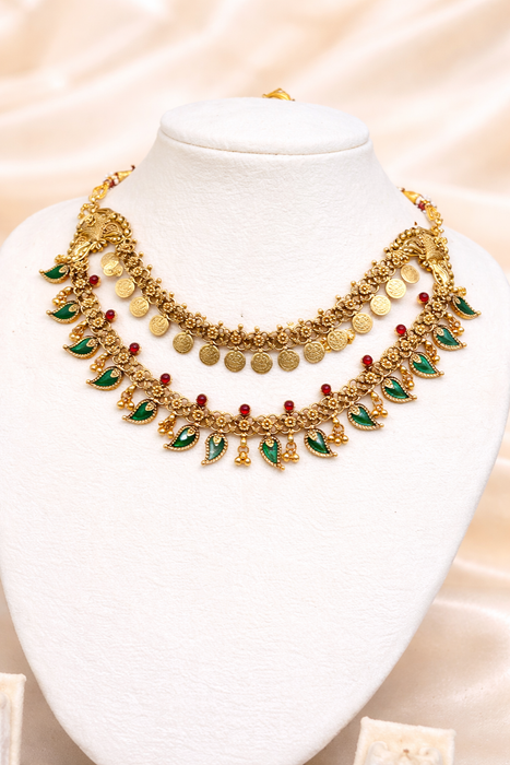 Aroopa Antique Temple Coin Necklace with Green Leaf Drops & Ruby Beads