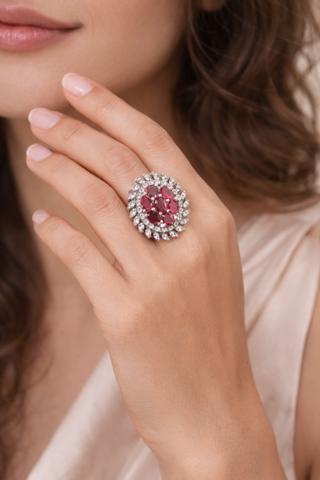 Aroopa Silver statement rings with colored crystals