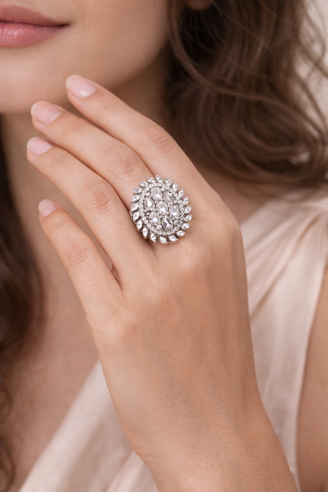 Aroopa Silver statement rings with colored crystals