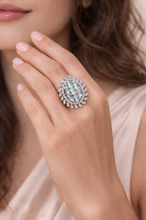 Aroopa Silver statement rings with colored crystals