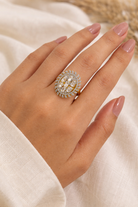 Aroopa Gold Finish statement rings with colored crystals