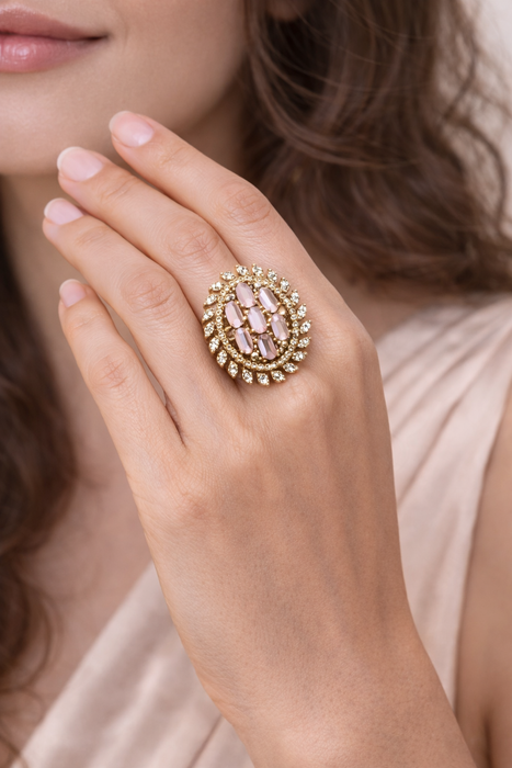 Aroopa Gold Matte Finish statement rings with colored crystals