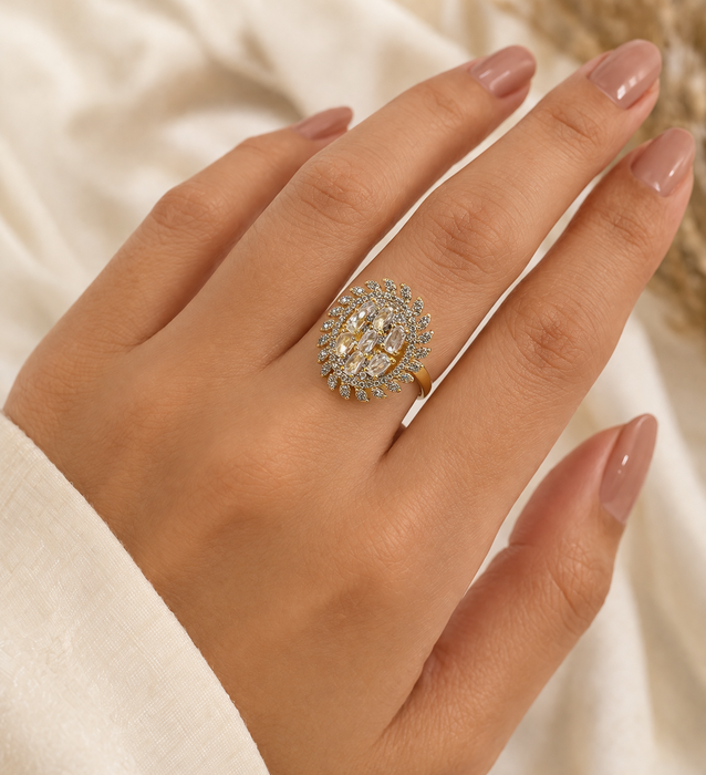 Aroopa Gold Matte Finish statement rings with colored crystals