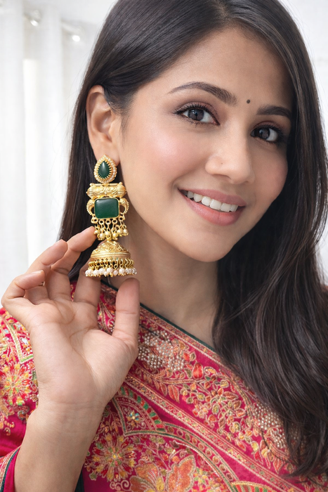 Aroopa Handcrafted Green Stone Long Jhumka Earrings – Ethnic Bridal Jewelry