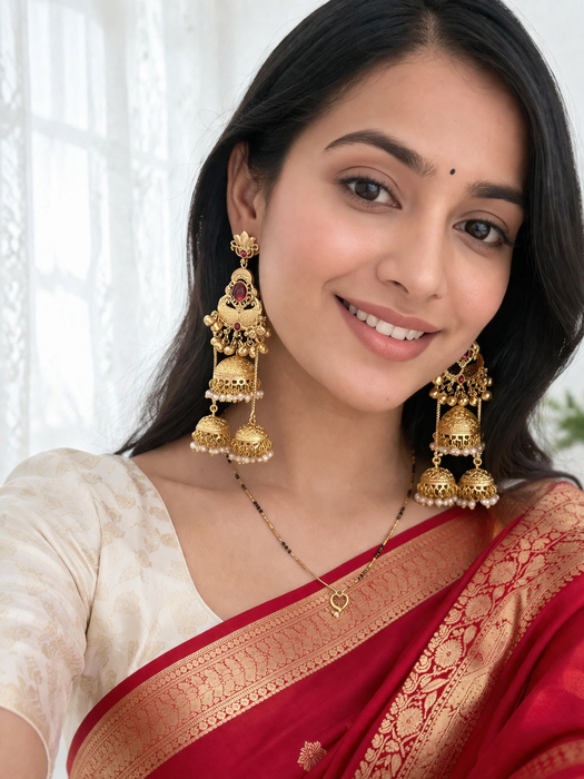 Aroopa Royal Red Temple Multi-Jhumka Earrings with Pearl Drops