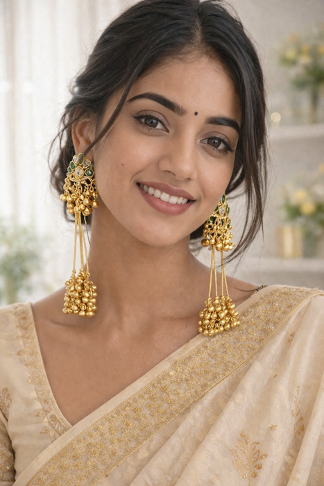 Aroopa Gold Finish Green Kundan Long Tassel Earrings for Women
