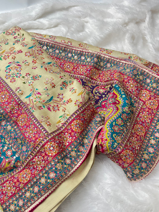 Aroopa Ivory Soft Silk Sequins Heritage Saree with readymade blouse