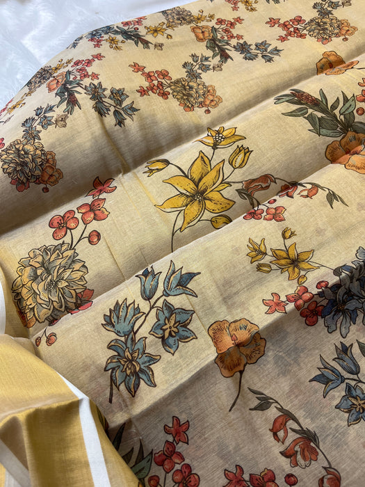 Elegant Beige Tissue Digital Patta Saree with Floral Border Design