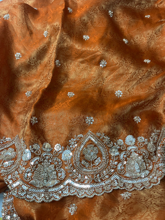 Rust Copper Heavy Sequins Embroidered Saree with heavy embroidery work unstitched blouse
