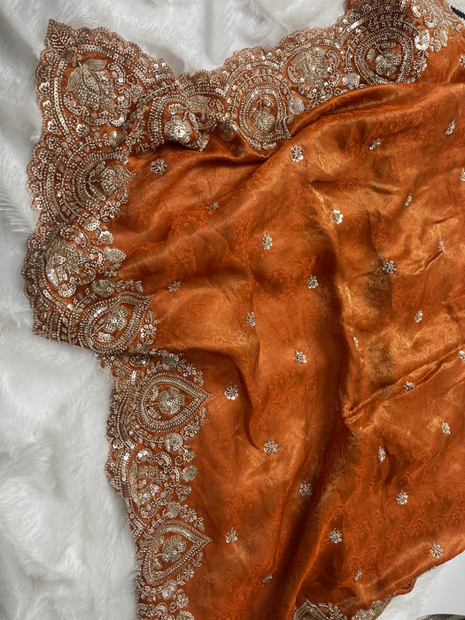Rust Copper Heavy Sequins Embroidered Saree with heavy embroidery work unstitched blouse