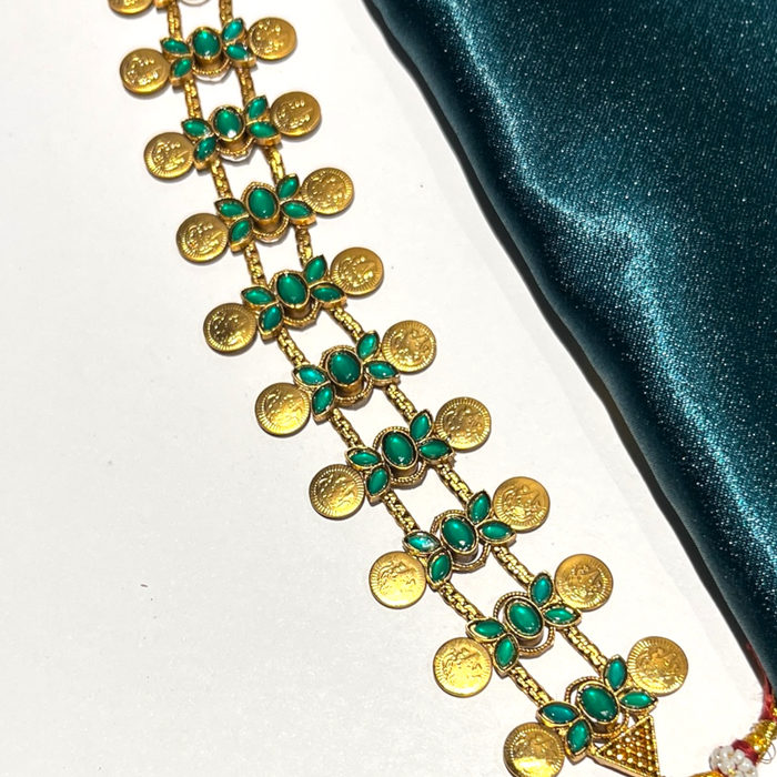 Lakshmi Coin Necklace with Floral design-Green