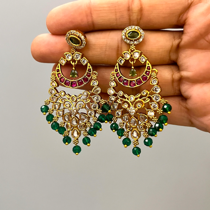 Traditional Chandbali Earrings with Kundan, Ruby, and Pearl Drops