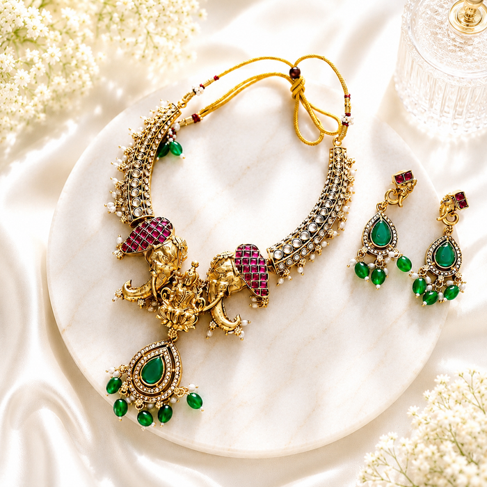 Aroopa Antique Elphant Lakshmi Design Necklace Set