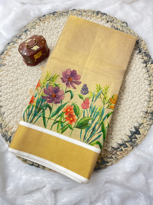 Elegant Beige Tissue Digital Patta Saree with Floral Border Design