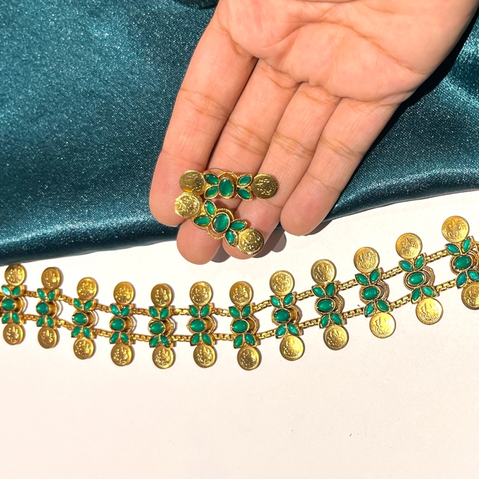 Lakshmi Coin Necklace with Floral design-Green