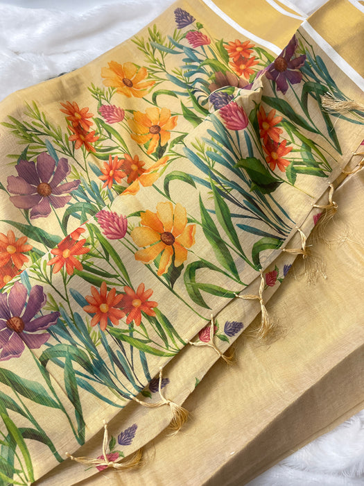 Elegant Beige Tissue Digital Patta Saree with Floral Border Design