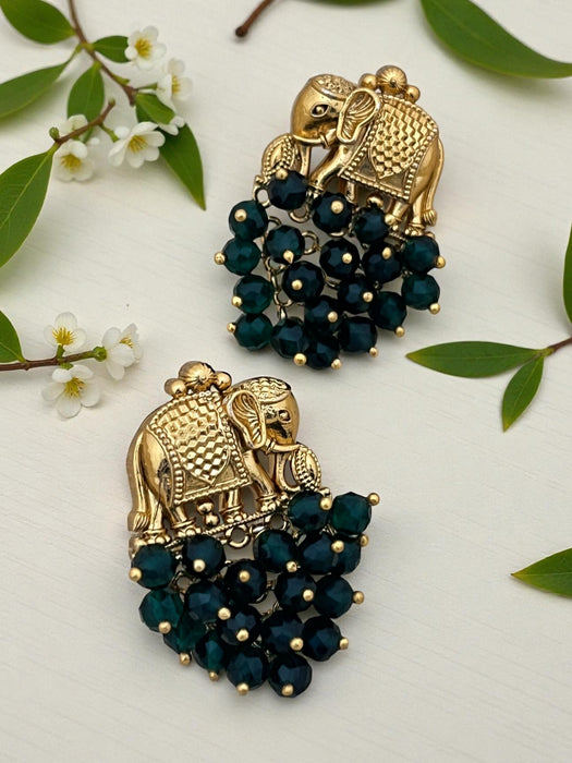 Antique Gold-Plated Elephant Earrings with Ruby Red Beads