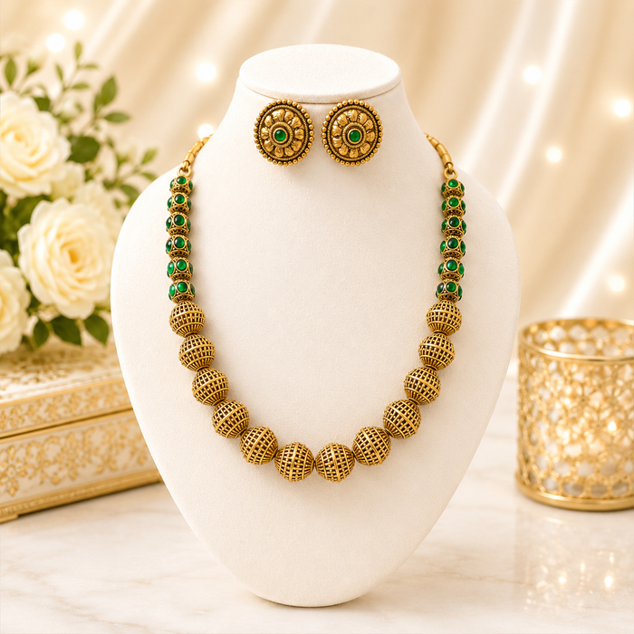 Antique Gold Bead Necklace Set with Green & Ruby Stone Accents