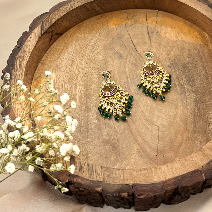 Traditional Chandbali Earrings with Kundan, Ruby, and Pearl Drops