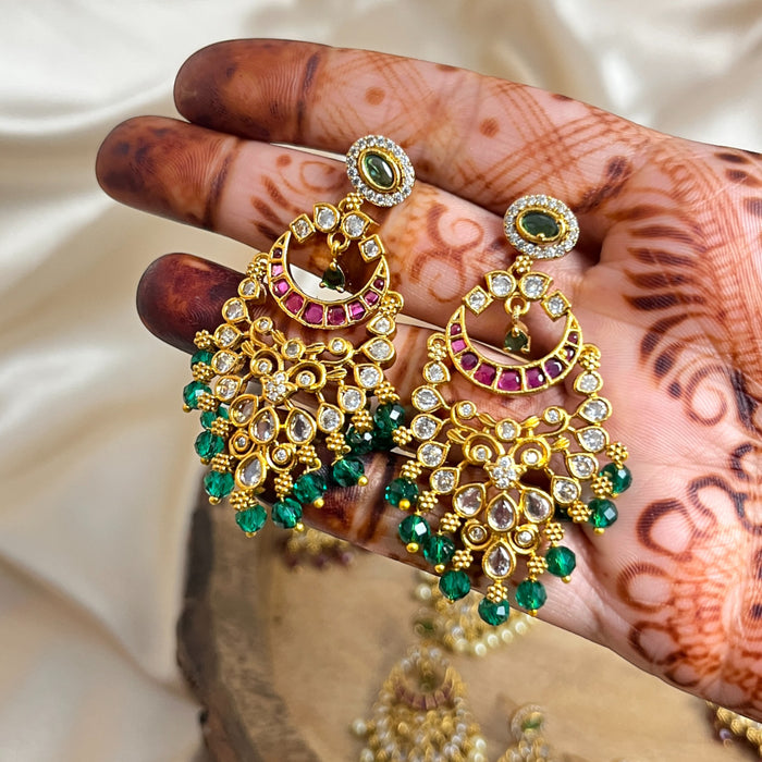 Traditional Chandbali Earrings with Kundan, Ruby, and Pearl Drops