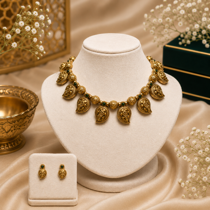 Antique Finish Floral Bead Necklace Set