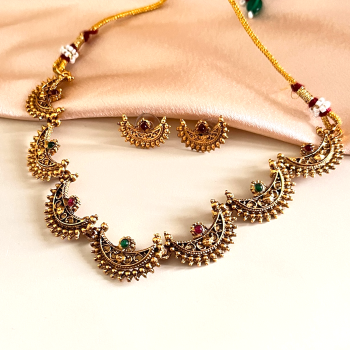 Aroopa Antique Half moon charm Necklace Set with Ruby & Emerald Accents