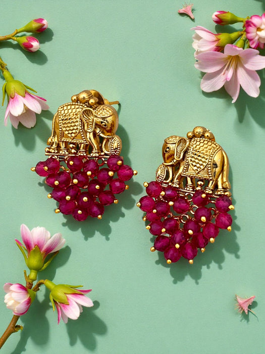 Antique Gold-Plated Elephant Earrings with Ruby Red Beads