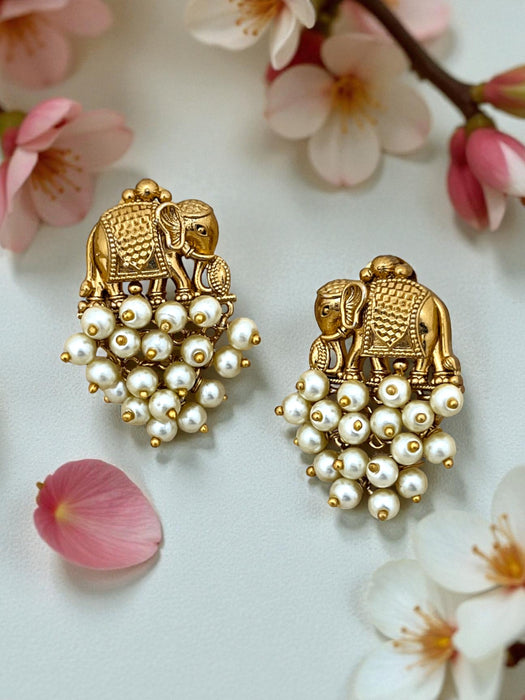 Antique Gold-Plated Elephant Earrings with Ruby Red Beads