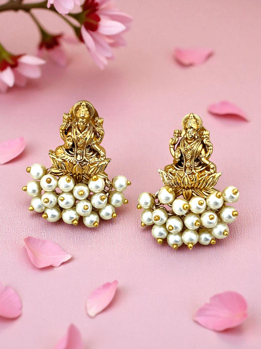 Lakshmi Antique Gold-Plated Temple Earrings with Beads & Pearls