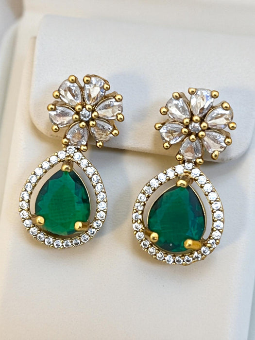 Emerald Green Teardrop and Crystal Floral Stud