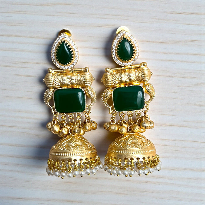 Aroopa Handcrafted Green Stone Long Jhumka Earrings – Ethnic Bridal Jewelry