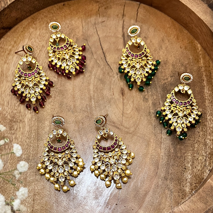 Traditional Chandbali Earrings with Kundan, Ruby, and Pearl Drops