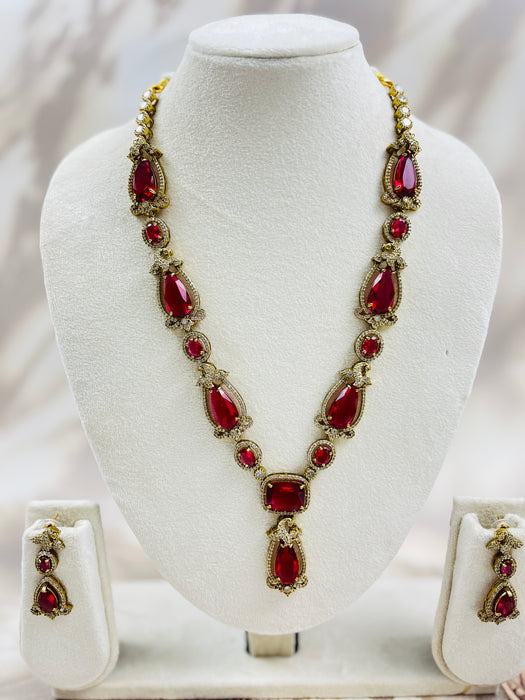 Antique Gold Finish Ruby Teardrop Statement Necklace Set