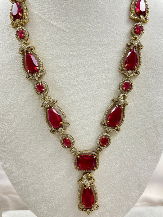 Antique Gold Finish Ruby Teardrop Statement Necklace Set