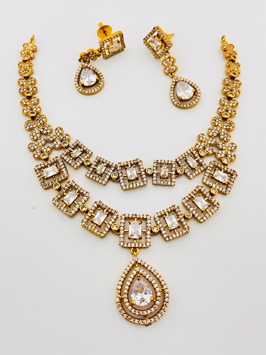 Gold Finish Square CZ Layered Necklace Set