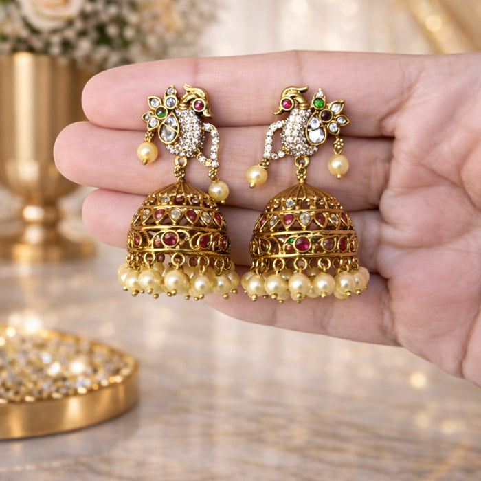 Aroopa Royal Swan Kundan Jhumka Earrings with Pearl Drops