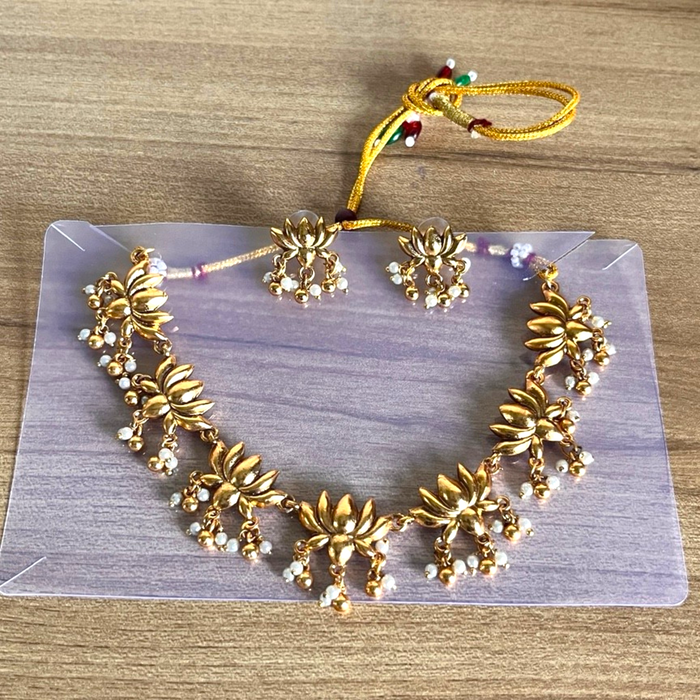 Aroopa Lotus Bloom Gold-Tone Necklace Set with Pearl Drops