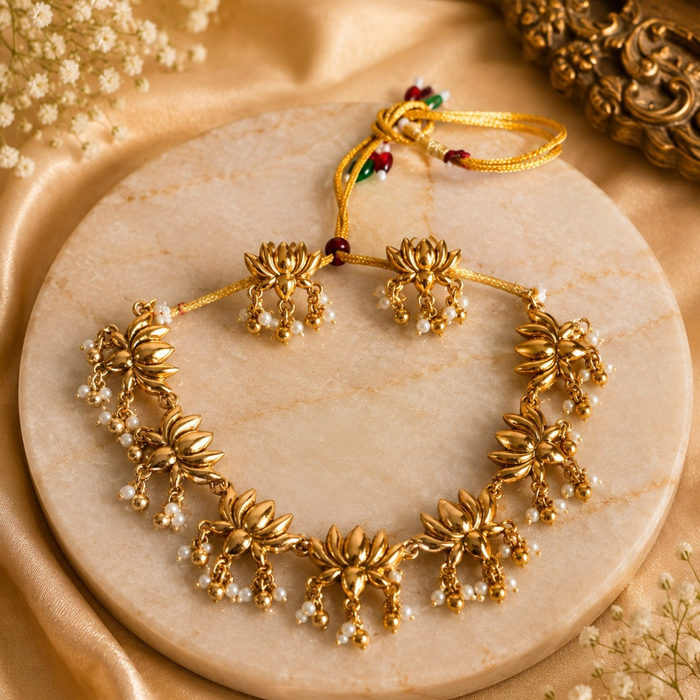 Aroopa Lotus Bloom Gold-Tone Necklace Set with Pearl Drops