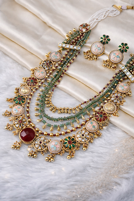 Royal Multi-Layered Mala Necklace Set with Earrings