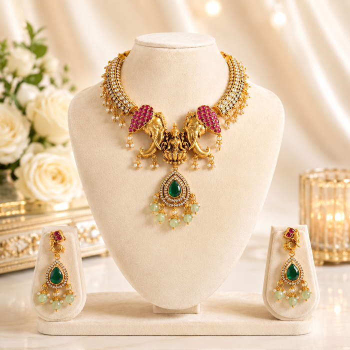 Aroopa Antique Elphant Lakshmi Design Necklace Set